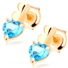 585 arany fülbevaló - két apró szívecske és kék színű szív alakú topáz
