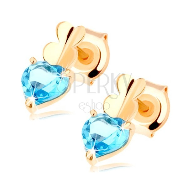 585 arany fülbevaló - két apró szívecske és kék színű szív alakú topáz