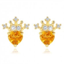 585 arany fülbevaló szív alakú sárga citrin, csillogó korona