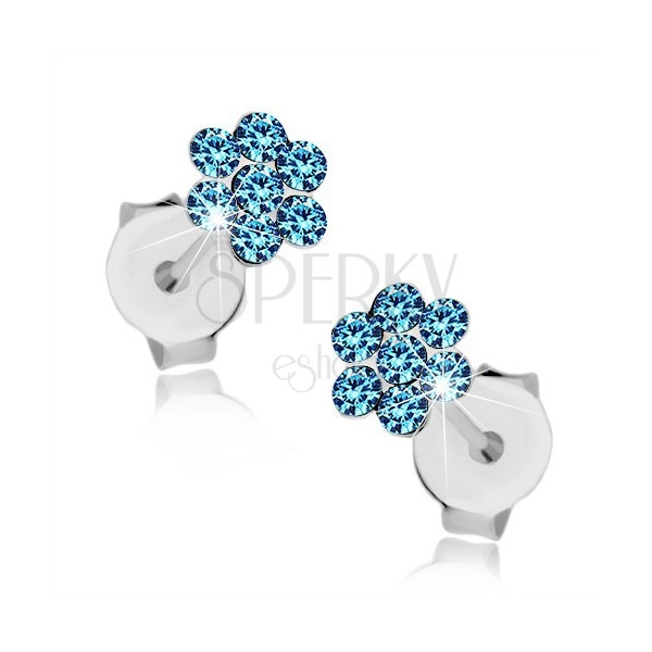 Beszúrós fülbevaló, 925 ezüst, csillogó virág kék kristályokkal