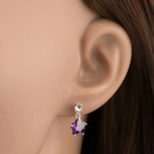 925 ezüst fülbevaló, átlátszó kristály lila cirkóniás virággal