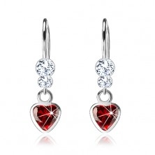 925 ezüst fülbevaló, piros cirkóniás szív, átlátszó Swarovski kristályok