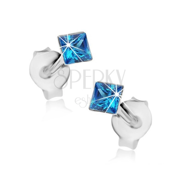 925 ezüst fülbevaló, kék Swarovski kristály - négyzet, 3 mm