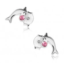 925 ezüst fülbevaló, fényes ugró delfin rózsaszín Swarovski kristállyal