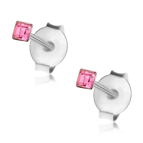 925 ezüst fülbevaló, rózsaszín Swarovski kristály - négyzet, 2 mm