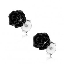 925 ezüst fülbevaló, fényes kivirított rózsa fekete színben, beszúrós