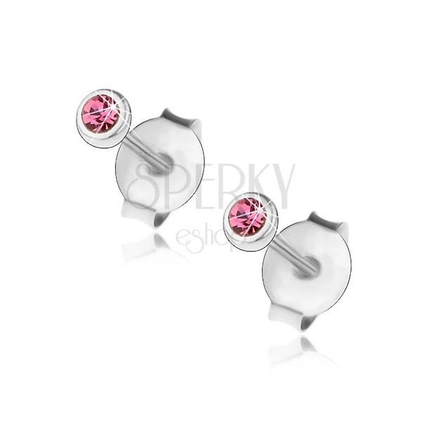 925 ezüst fülbevaló, apró rózsaszín Swarovski kristály foglalatba ültetve, 3 mm