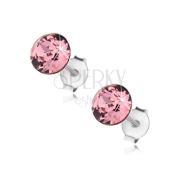 925 ezüst fülbevaló, kerek rózsaszín Swarovski kristály, 6 mm