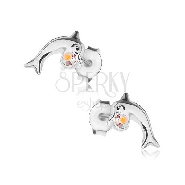 925 ezüst fülbevaló, fényes ugró delfin szivárvány Swarovski kristállyal