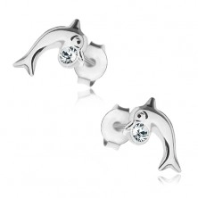 925 ezüst fülbevaló, fényes ugró delfin átlátszó Swarovski kristállyal