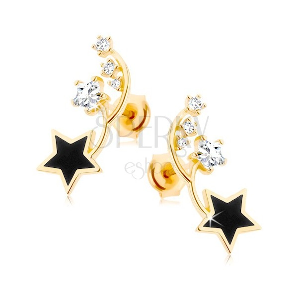 9K arany fülbevaló - két vékony ív, fekete és cirkóniás csillag