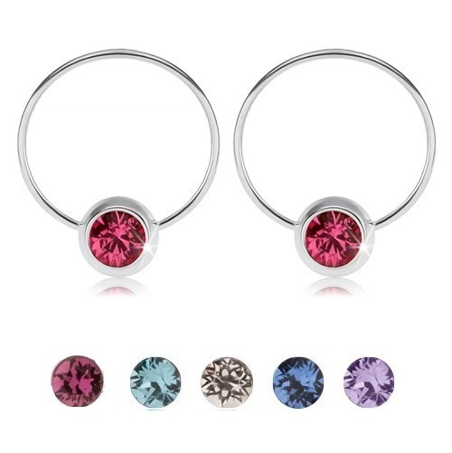Kerek fülbevaló, 925 ezüst, színes cirkónia a kerekített foglalatban - Szín: Rózsaszín