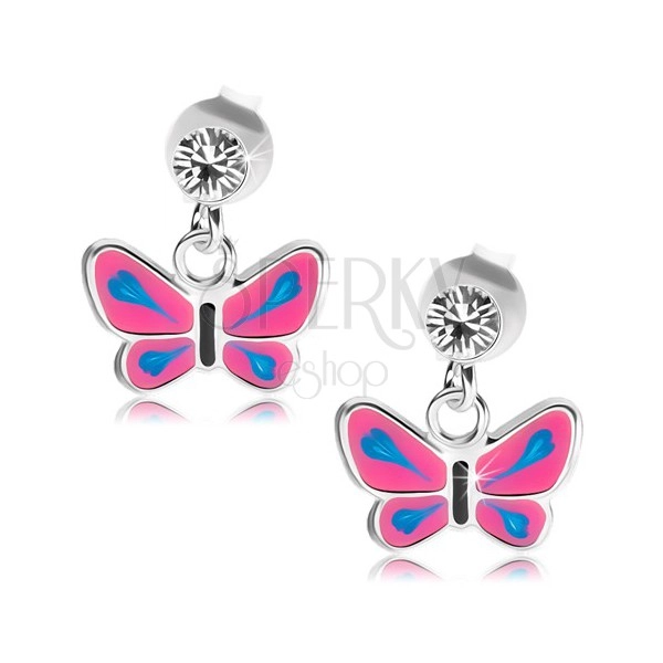 Fülbevaló 925 ezüstből, átlátszó kristály, pillangó rózsaszín szárnyakkal, kék csepp