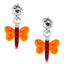 Fülbevaló 925 ezüstből, pillangó piros testtel és narancs szárnyakkal