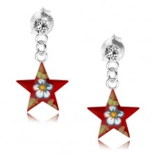 Beszúrós fülbevaló 925 ezüstből, fényes piros csillag, színes virág, kristály