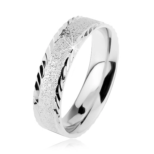 925 ezüst karikagyűrű, fénylő homokfúvott felület, kis ferde vésetek - Nagyság: 50