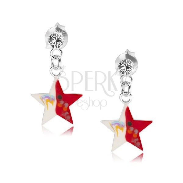 Fülbevaló 925 ezüstből, átlátszó kristályok, piros-fehér csillag díszítéssel