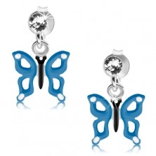 925 ezüst fülbevaló, kék-fehér pillangó kivágásokkal a szárnyain, kristályok