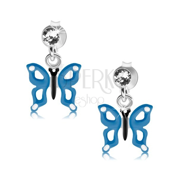 925 ezüst fülbevaló, kék-fehér pillangó kivágásokkal a szárnyain, kristályok