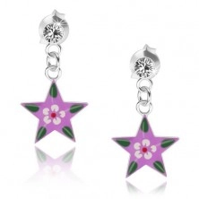 Fülbevaló 925 ezüstől, átlátszó kristály, lila csillag színes virággal