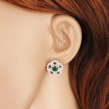 925 ezüst fülbevaló, csillogó cirkóniás virág zöld középpel