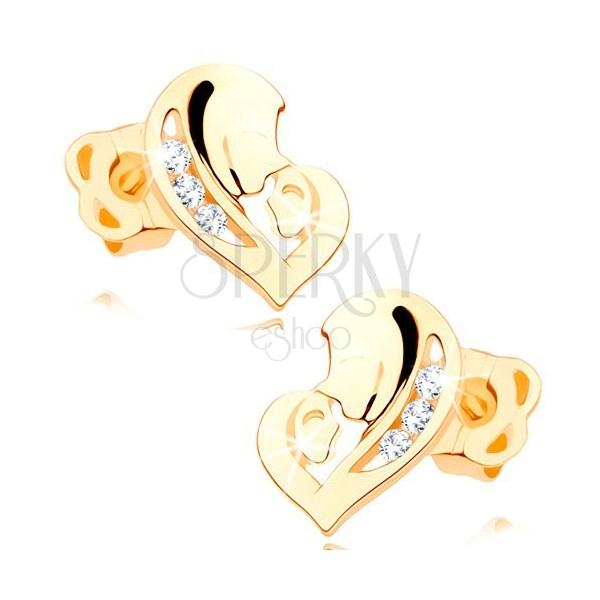 fülbevaló 14K sárga aranyból - aszimmetrikus szív két arccal, átlátszó cirkóniák