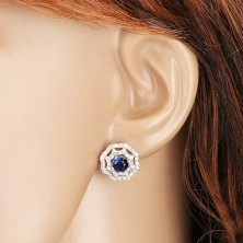 Ródiumozott fülbevaló 925 ezüstből, napocska - kék cirkónia, kettős átlátszó szegély