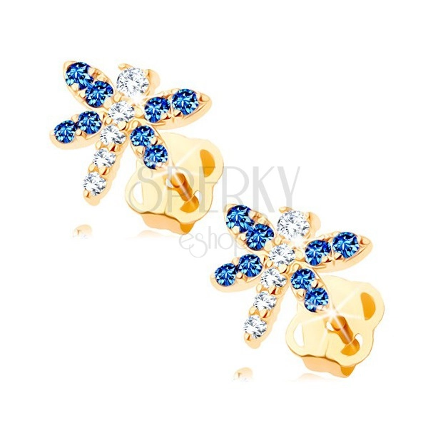 Fülbevaló 14K sárga aranyból - csillogó pillangó átlátszó és kék cirkóniákkal