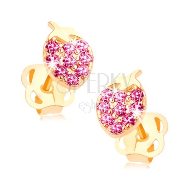 Fülbevaló 14K sárga aranyból - csillogó eper rózsaszín cirkóniákkal kirakva