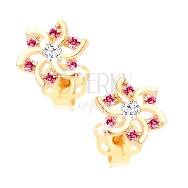 Fülbevaló 14K sárga aranyból - virág kivágásokkal és rózsaszín, átlátszó cirkóniákkal