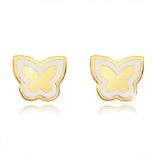 Fülbevaló 14K sárga aranyból - fényes lapos pillangó, fehér fénymáz körvonal