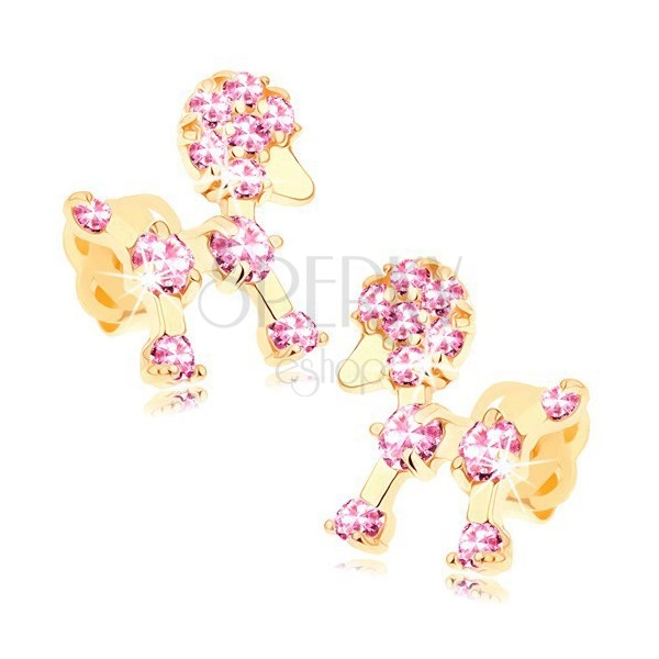 585 arany stekkeres fülbevaló - pudli kutya rózsaszín cirkóniákkal