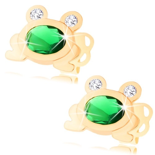 585 arany fülbevaló - kis fénylő béka zöld ovális és átlátszó cirkóniával