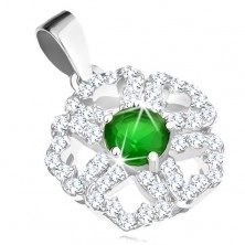 925 ezüst szett - medál és fülbevaló, csillogó virág zöld középpel