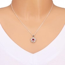 925 ezüst szett - medál és fülbevaló, átlátszó virág pirosas rózsaszín középpel