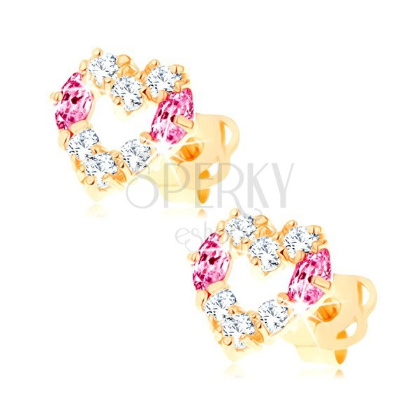 Fülbevaló 14K sárga aranyból - szívkörvonal átlátszó és rózsaszín cirkóniákkal