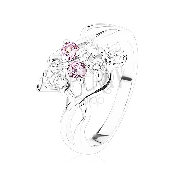 Csillogó gyűrű, ezüst szín, masni rózsaszín és átlátszó cirkóniákból