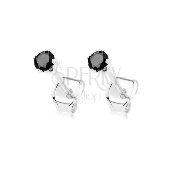 925 ezüst fülbevaló, kerek fekete színű cirkónia a foglalatban, 2,5 mm