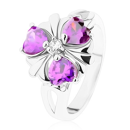 Ezüst színű gyűrű, virág sötétlila szív alakú cirkóniákkal - Nagyság: 52