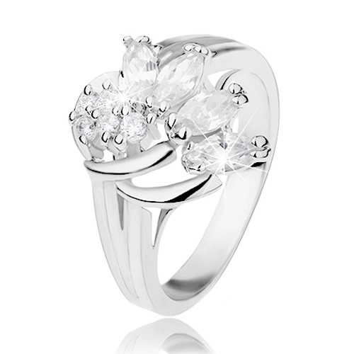 Csillogó ezüst színű gyűrű ívekkel és átlátszó cirkóniákkal - Nagyság: 55
