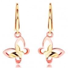14K arany fülbevaló - fényes pillangó, lepkekörvonal rózsaszín aranyból