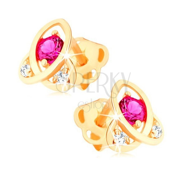 Fülbevaló 14K sárga aranyból - kelta csomó, egy rózsaszín és két átlátszó cirkónia