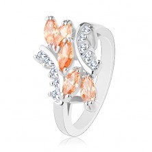 Csillogó gyűrű ezüst színben, kerek és szem alakú cirkóniák átlátszó és narancssárga színben