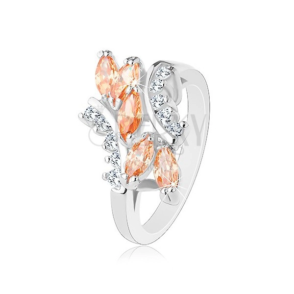 Csillogó gyűrű ezüst színben, kerek és szem alakú cirkóniák átlátszó és narancssárga színben