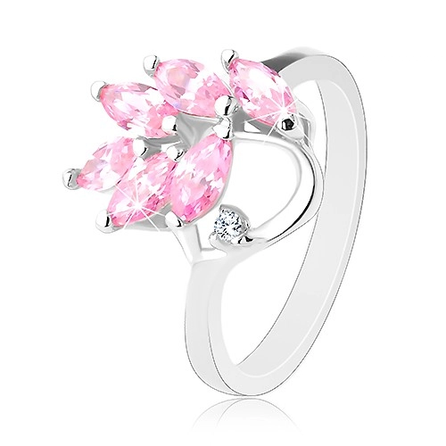 Csillogó ezüst színű gyűrű, rózsaszín szem ágacska - Nagyság: 55