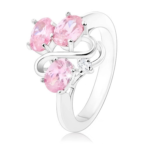 Ezüst színű gyűrű, három rózsaszín ovális cirkónia, hullámos vonal - Nagyság: 55