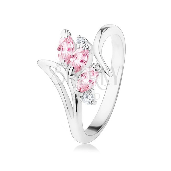 Ezüst színű gyűrű, ívelt szárak, rózsaszín és átlátszó cirkóniák