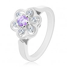 Ezüst színű gyűrű, átlátszó csillogó virág világoslila középpel