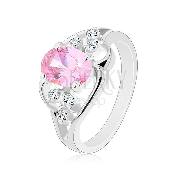 Ezüst színű gyűrű, aszimmetrikus vonalak, rózsaszín ovális, átlátszó cirkóniák