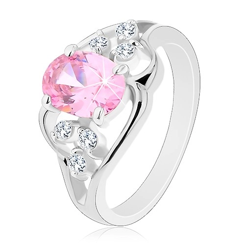 Ezüst színű gyűrű, aszimmetrikus vonalak, rózsaszín ovális, átlátszó cirkóniák - Nagyság: 59